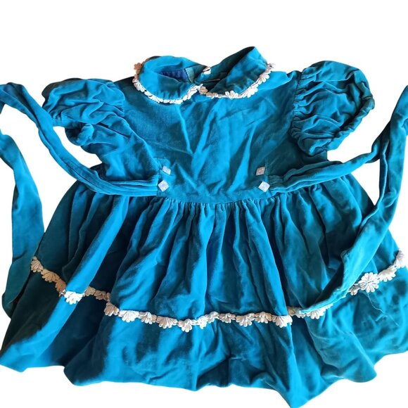 1OF1 2T 3T Vintage Velvet Baby Dress White Lace Trim & Button Details 1950's - Picture 5 of 9
